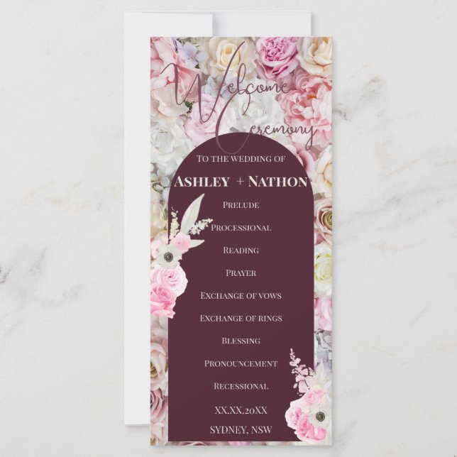 Mahogany Red Blommigt Arch Summer Bröllop Ceremony (Framsida)