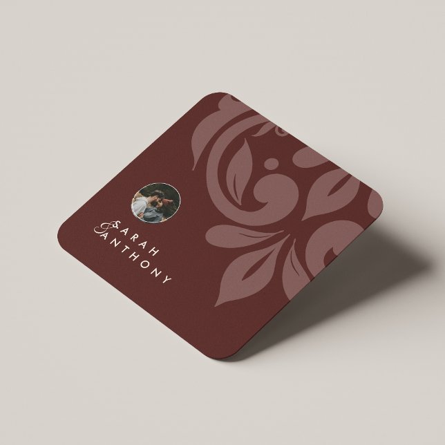 Mahogany Red Classic Minimal Damask Photo Bröllop Underlägg Papper Kvadrat (Skapare uppladdad)