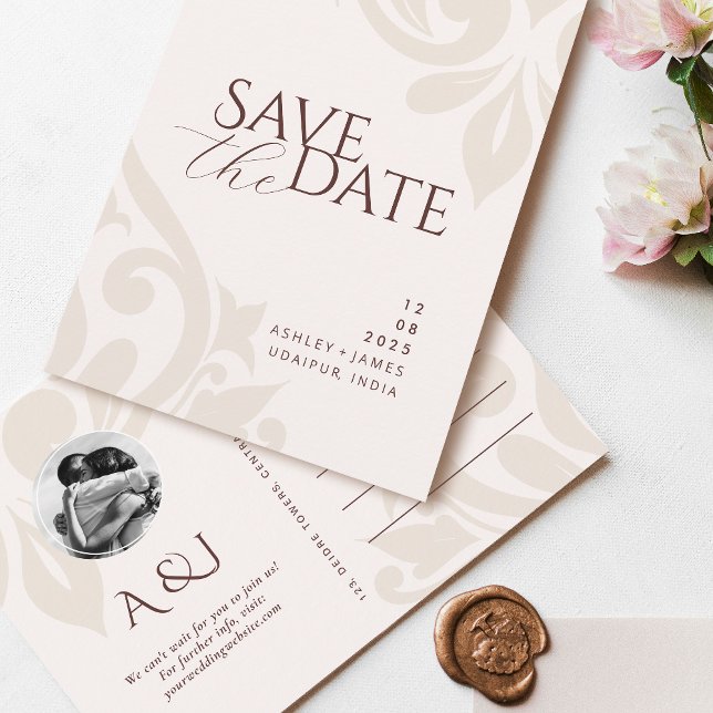 Mahogany Red Ivory Photo Bröllop spara datum Ann Meddelande Vykort (Skapare uppladdad)