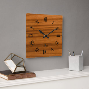 Mahogany Wood Struktur Roman Numerals Fyrkantig Klocka