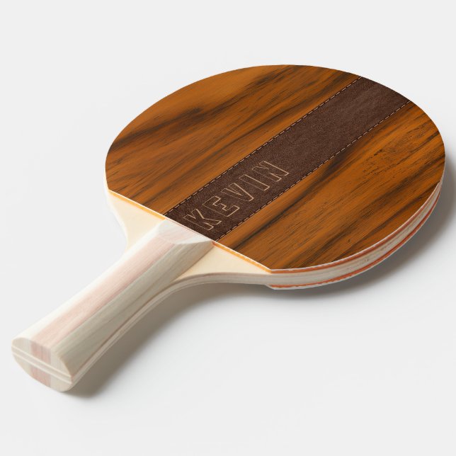 Mahogny trä och läder textur monogram pingisracket (Ryggvinkel)