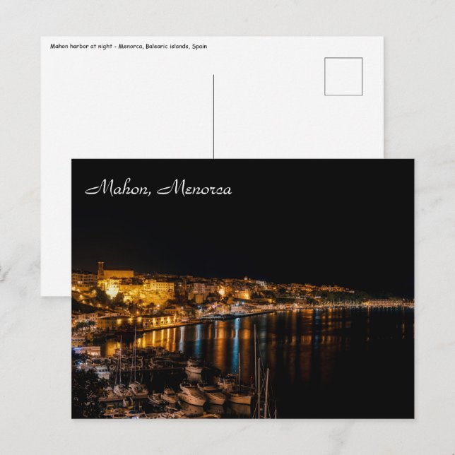 Mahon hamn på natten - Menorca, Spanien Vykort (Fram/baksida)