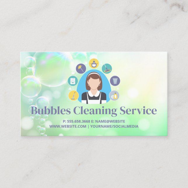 Maid and Städning Verktyg Icons | Soap Bubbles Visitkort (Framsida)