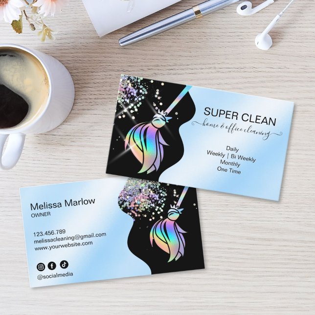 Maid Cleaning House Sparkling Holograph Business C Visitkort (Maid Cleaning House Sparkling Business Card with holographic broom logo, glitter and water splash)