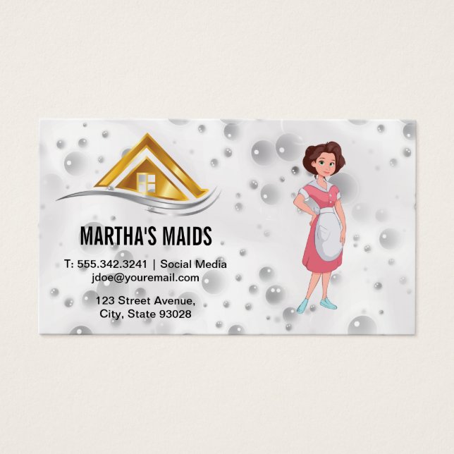 Maid | House-Logotyp | Soap Bubbles Suds Visitkort (Framsidan)
