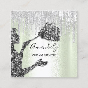 Maid House Städning Logotyp Grått Drips Mint Fyrkantigt Visitkort