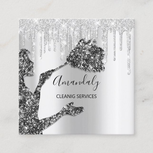 Maid House Städning Services Logotyp Silver Grått  Fyrkantigt Visitkort (Framsida)