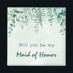 Maid of honor bridesmaid eucalyptus greenery magnet<br><div class="desc">En grönt,  vit vattenfärgad bakgrund. Dekorerad med eukalyptus grey foliage och träörn. Med texten: Kommer ni att bli min Bridesmaid eller Maid of honor?</div>