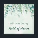 Maid of honor bridesmaid eucalyptus greenery magnet<br><div class="desc">En grönt,  vit vattenfärgad bakgrund. Dekorerad med eukalyptus grey foliage och träörn. Med texten: Kommer ni att bli min Bridesmaid eller Maid of honor?</div>