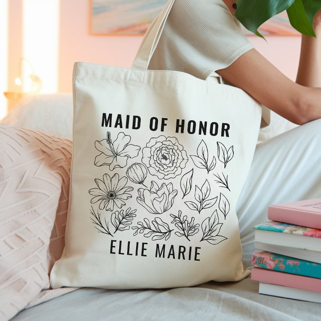 Maid of honor-flaggan för blomman Anpassningsbar i Tygkasse (maid of honor tote bag, floral tote bag, minimalist bridesmaid gift, bachelorette party bag,)