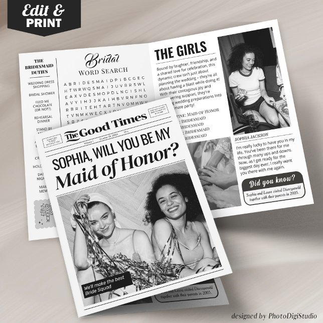 Maid of honor Frieri kort för roligt Bröllop i tid (Fun Wedding Newspaper Maid of Honor Proposal Card)