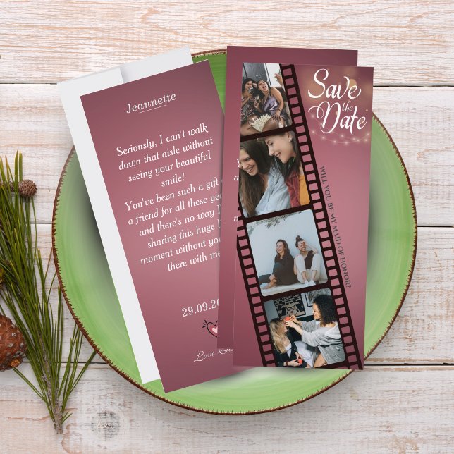 Maid of honor Frieri kort med 4 fotokollage (Bridal Party Proposal Cards – Elegant Custom Photo Invite)