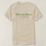 Maid of honor Grönt Beige Bröllopsfest Outfit T Shirt<br><div class="desc">Plocka din favpassning - t-shirt, överdimensionerad te för ett baddräkt eller sömnskjorta, tröja eller hotell. Koppla ihop det med Gamla Money-estetiska Grönten och Beige tote bags, tumörer och stranddukar. Vare sig du är på väg till brunch, dansar hela natten eller bara samordnar det kutaste före bröllop bilder, är det här...</div>