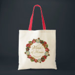 Maid of honor Hösten Blommigt Elegant bröllop Tygkasse<br><div class="desc">Den här vackra väskan är designad som gåva till Maid of honor. Den har en andedräkt av blommor av vintage i djupa rikens höstfärg, inklusive rött, korall, orange och plommon. Lacy guld står "Maid of honor" och det finns ett ställe som skriver in henne i namn. Perfektens väska för att...</div>