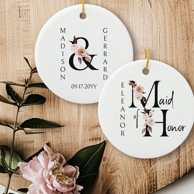 Maid of honor Keepsaké Boho Blommigt Brev Julgransprydnad Keramik (Bridal Party keepsake gift to personalize for your Maid of Honor)