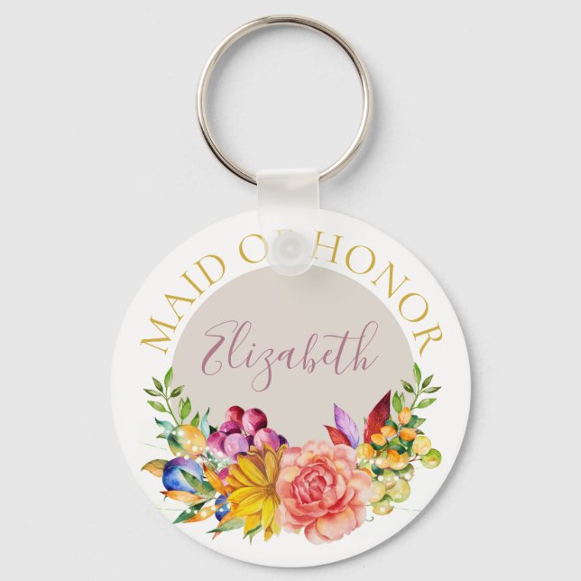 Maid of honor med Namn Blommigt Bouquet Nyckelring (Framsida)