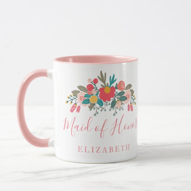 Maid of honor med Namn Rosa Blommigt Bouquet Mugg (Vänster)
