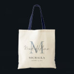 Maid of honor Monogram första Namn-skriptblått Tygkasse<br><div class="desc">Maid of honor Monogram Initial Namn Script Dusty Blue. Modern skripttypografi för Maid of honor och du kan enkelt anpassa hennes ursprungliga,  namn och ditt bröllop-datum för att göra extra speciellt.</div>