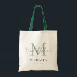 Maid of honor Monogram Initial Namn Script Sage Tygkasse<br><div class="desc">Maid of honor Monogram Initial Namn Script Sage. Modern skripttypografi för Maid of honor och du kan enkelt anpassa hennes ursprungliga,  namn och ditt bröllop-datum för att göra extra speciellt.</div>