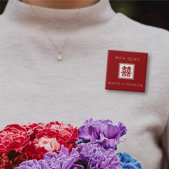 Maid of honor Red Square Dubbla Happity Bröllop Knapp (MAID OF HONOR Red/Ivory White Classic Square Double Happiness Wedding Button @ fatfatin_red_knot)
