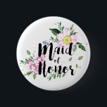 Maid of honor Rosa Blommigt Watercolor Bröllop Knapp<br><div class="desc">Blommigten har en modern vattenfärgsdesign med en kalligrafiktext.</div>