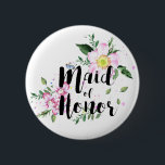 Maid of honor Rosa Blommigt Watercolor Bröllop Knapp<br><div class="desc">Blommigten har en modern vattenfärgsdesign med en kalligrafiktext.</div>