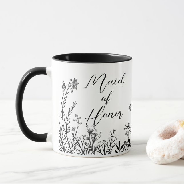 Maid of honor Svartvit Vild Blommor Mugg (Med munk)