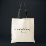 Maid of honor Tote Bag | Modern skript Tygkasse<br><div class="desc">Den här enkla väskan är en roligt gåva till dina favoritflickor! Den minsta utformningen av eleganten är perfekt för den moderna bruden. Med ett handskrivet namnteckning skript med ett enkelt sans-serif-teckensnitt. Anpassa väskan till namn i maid of honor genom att klicka på "Information" bredvid "Anpassa den här mallen" och gör...</div>