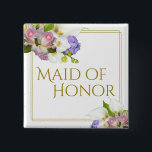 Maid of honor Vår Blommigt Bouquet Bröllop Knapp<br><div class="desc">Knappen Maid of honor ger en underbar gåva eller en tjänst till den mest speciella medlemmen i din bröllopsfest och är perfekt för henne till bära vid din möhippa eller repetitionsmiddag. Den har en utformning av chicen för elegant med guld gräns och en bukett av vår blommor inklusive rosa ros,...</div>