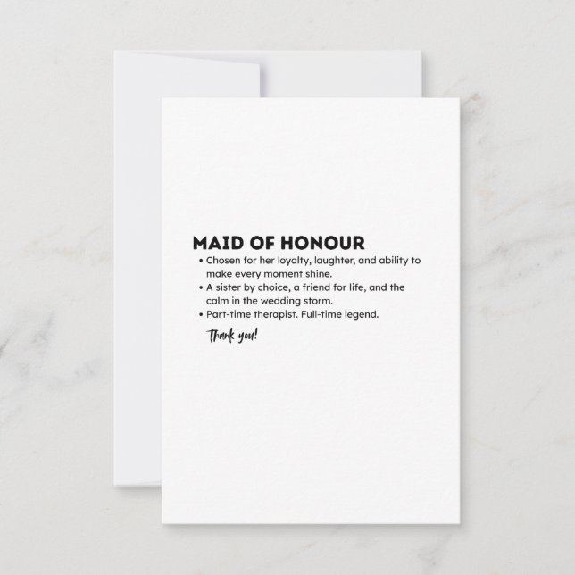 Maid of Honour Definition Card – Funny & Heartfelt Tack Kort (Framsida)