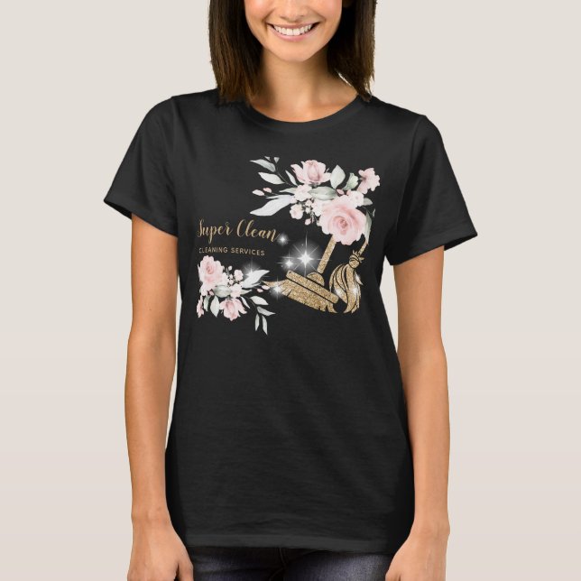 Maid Städning House Sparkling Guld Blommigt Busine T Shirt (Framsida)