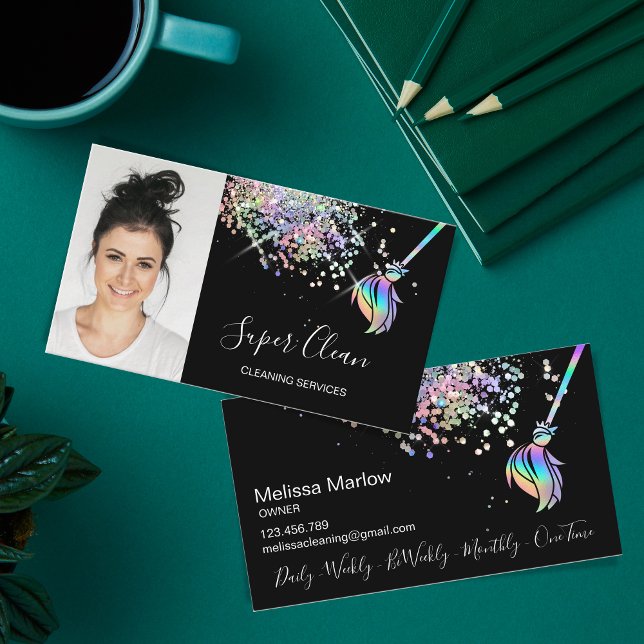 Maid Städning House Sparkling Holograph Photo Visitkort (Cleaning Business Card with Holographic Logo Design)