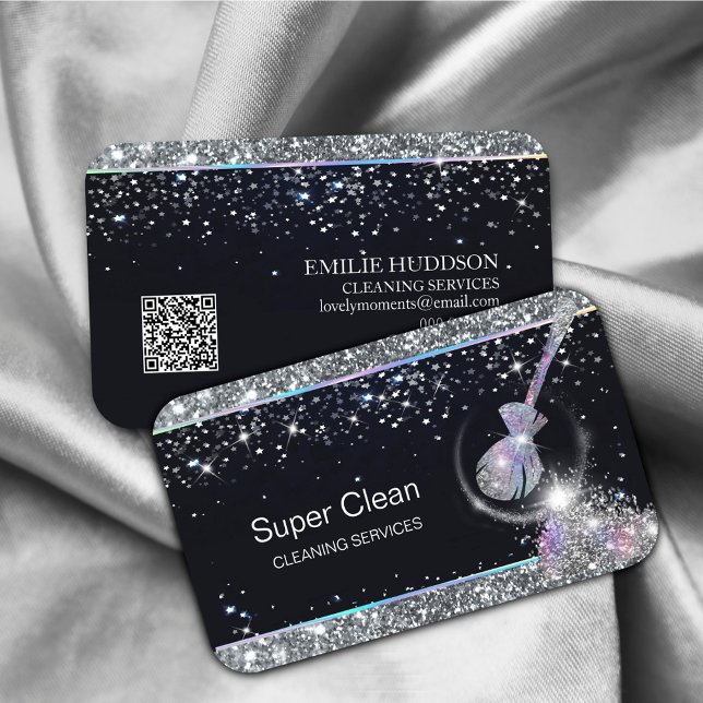 Maid Städning House Sparkling Holograph QR-kod Visitkort (a symbol of trust and quality in-home cleaning #maid #holograph #sparkles #glittersilver)