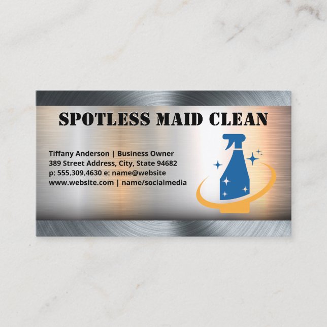 Maid Städning Spray-Logotyp | Bakgrund för Metall Visitkort (Framsida)