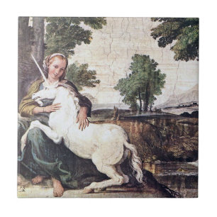 Maiden och Unicorn Tile av Domenichino circa 1602 Kakelplatta