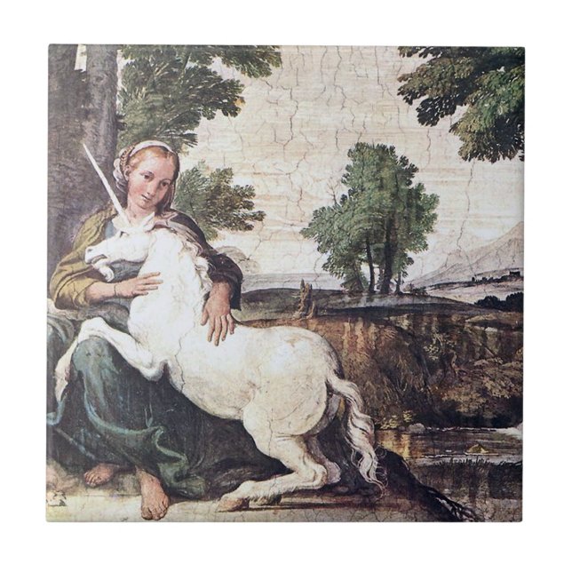 Maiden och Unicorn Tile av Domenichino circa 1602 Kakelplatta (Framsidan)