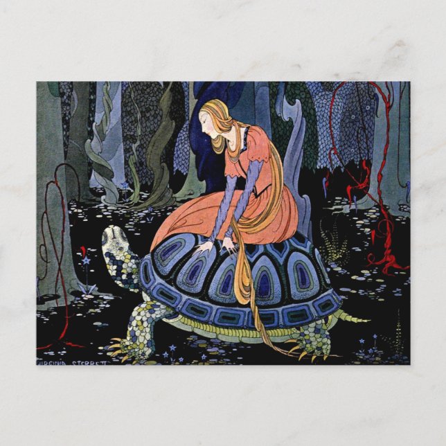 Maiden & Turtle ~ Fransk Fairy Tale Art Painting Vykort (Framsida)