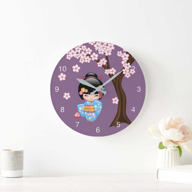 Maiko Kokeshi-docka - Geishaflicka i blå kimono Stor Klocka (Hem)