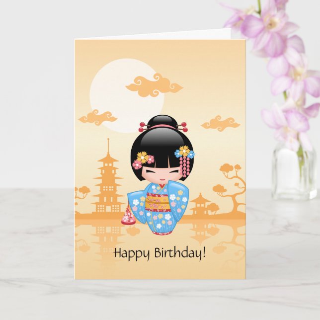 Maiko Kokeshi docka - gullig Geishafödelsedag Kort (Orkide)