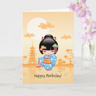 Maiko Kokeshi docka - gullig Geishafödelsedag Kort