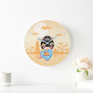 Maiko Kokeshi Docka Söt Geisha Flicka Gul Stor Klocka