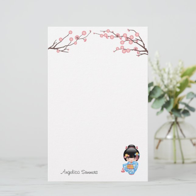 Maiko Kokeshi Doll - Blue Kimono Geisha Girl Brevpapper (Stående Fram)