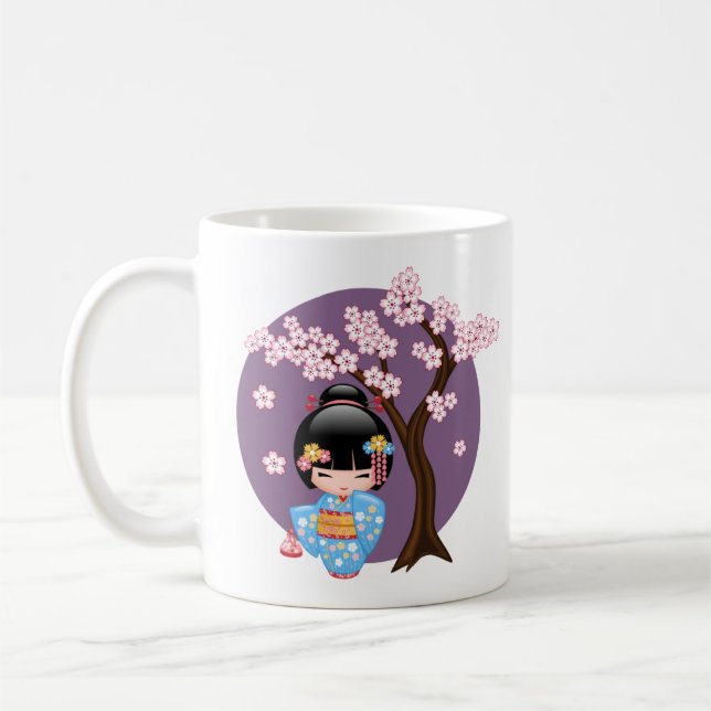 Maiko Kokeshi Doll - Blue Kimono Geisha Girl Kaffe Kaffemugg (Vänster)