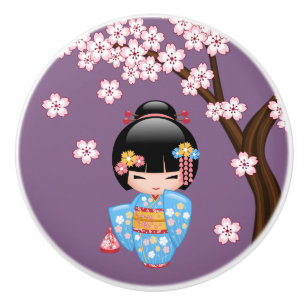 Maiko Kokeshi Doll - Blue Kimono Geisha Girl Knopp
