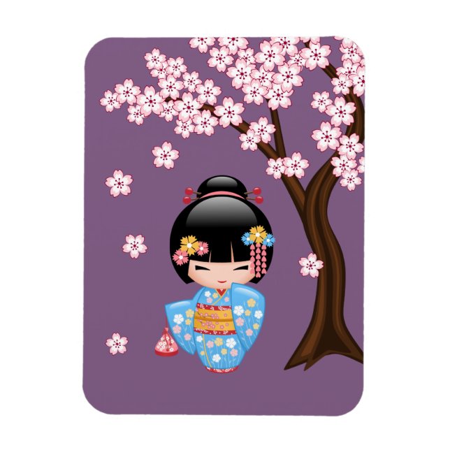 Maiko Kokeshi Doll - Blue Kimono Geisha Girl Magnet (Vertikal)