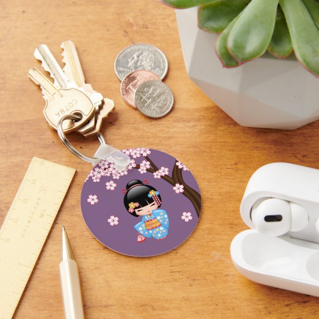 Maiko Kokeshi Doll - Blue Kimono Geisha Girl Nyckelring (Skrivbord)