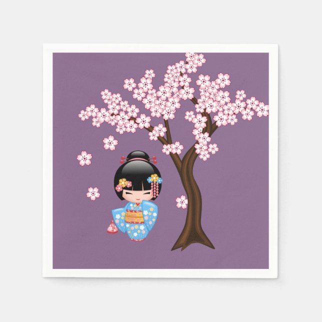 Maiko Kokeshi Doll - Blue Kimono Geisha Girl Pappersservett (Framsidan)