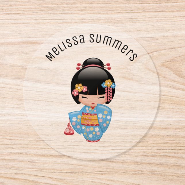 Maiko Kokeshi Doll Blue Kimono Geisha Girl Runt Klistermärke (Enskild)