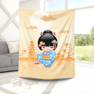 Maiko Kokeshi Doll Cute Geisha Girl Gult Fleecefilt