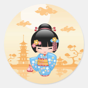 Maiko Kokeshi Doll Cute Geisha Girl Gult Runt Klistermärke